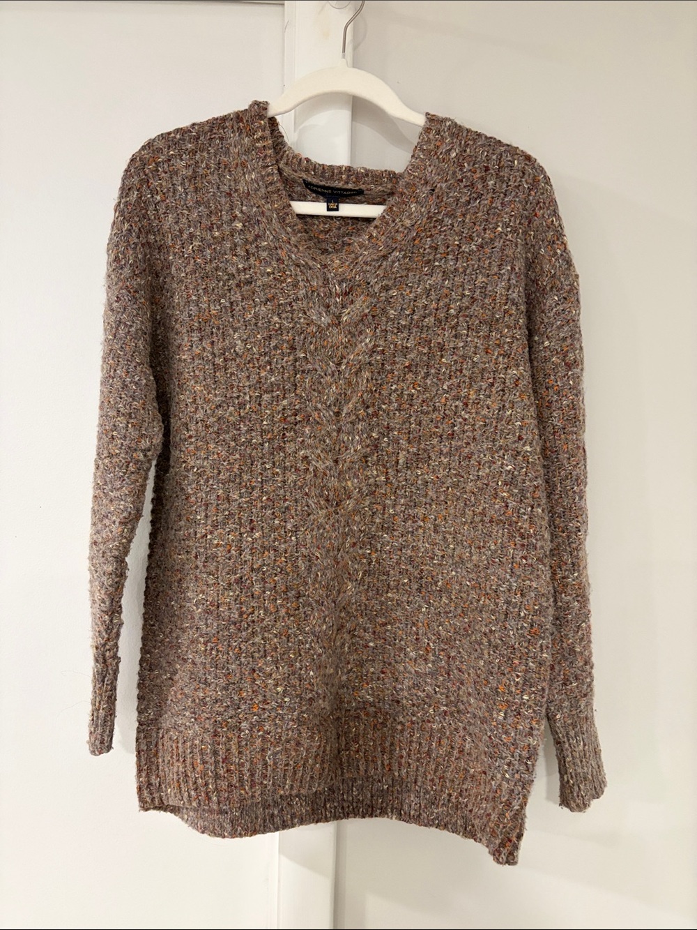 Adrienne Vittadini Brown Speckled Cable V-Neck Sweater